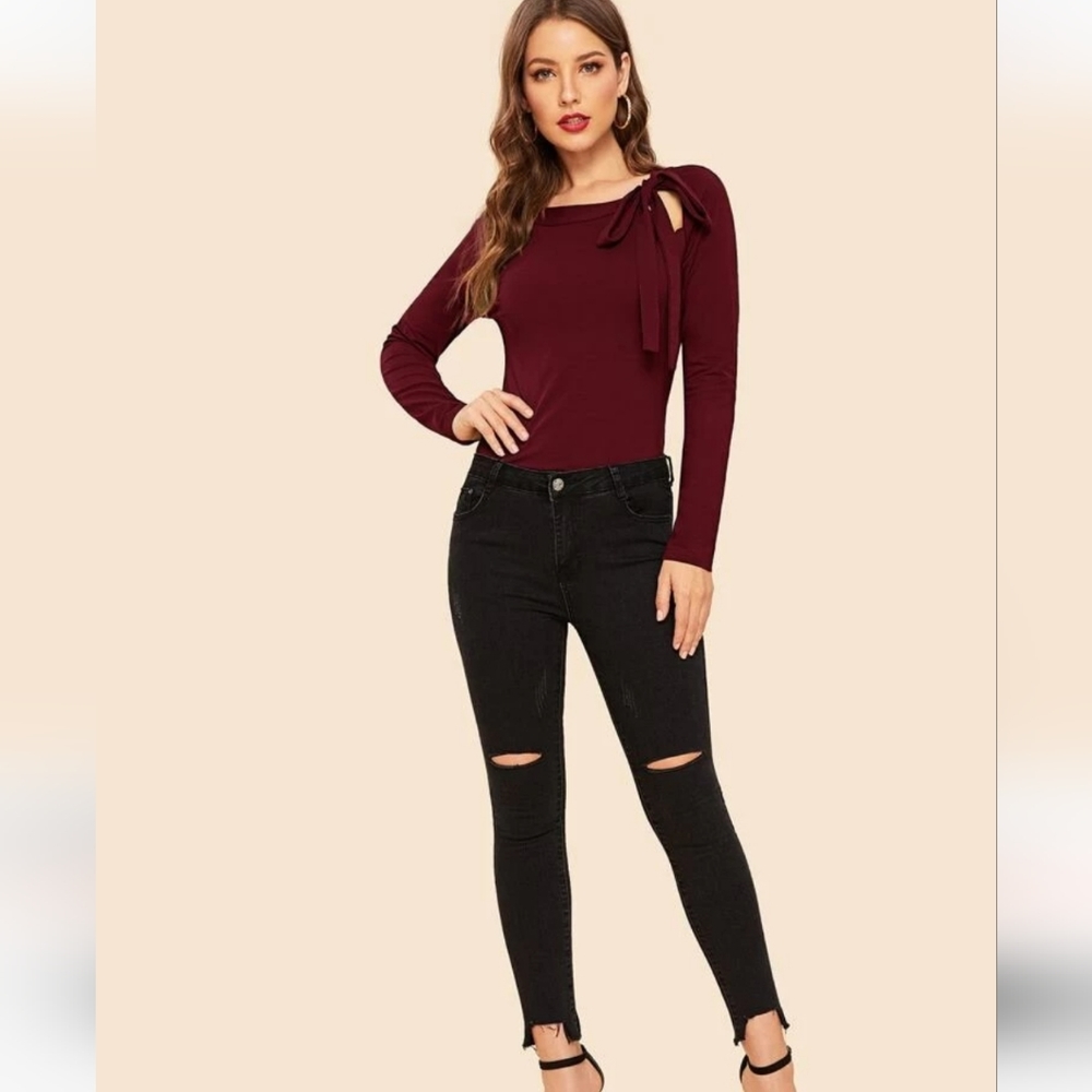 Felegant Tie Neck Raglan Sleeve Top - Picture 3 of 6